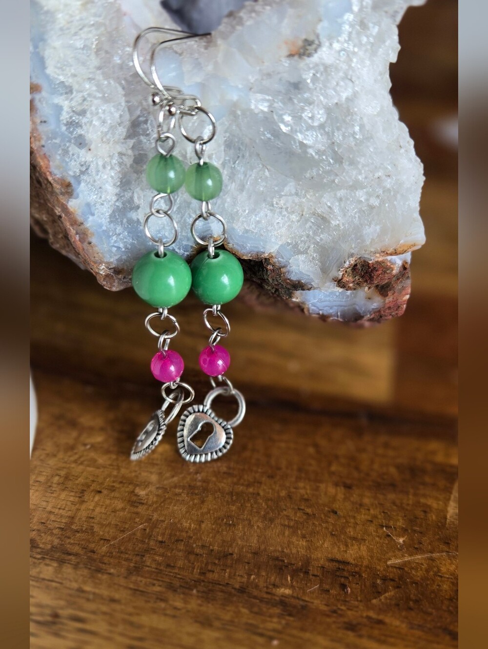 Green & Pink Heart Lock Dangle Earrings | 3.25" Beaded Statement Earrings